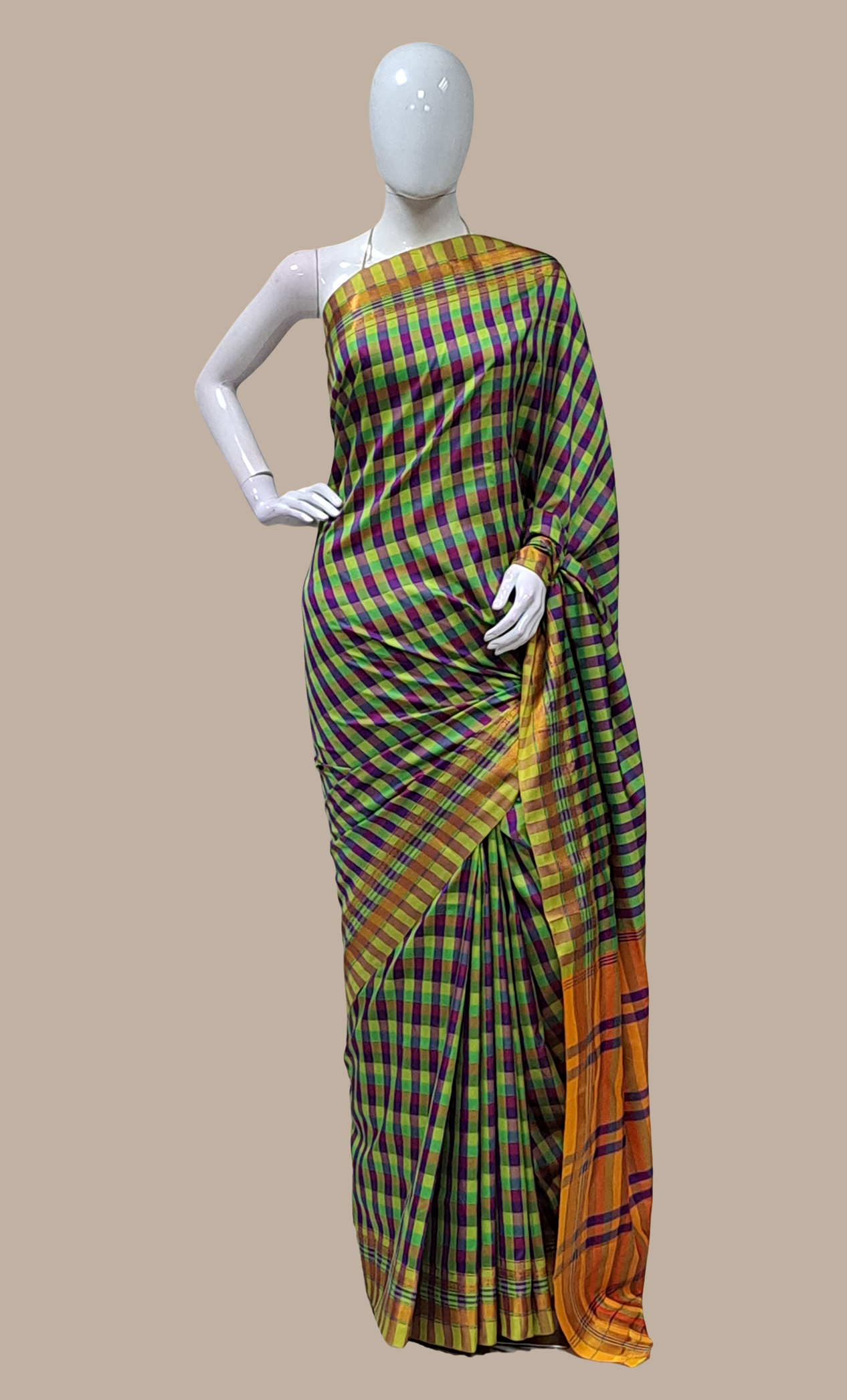 Lime Check Kanjivaram Sari