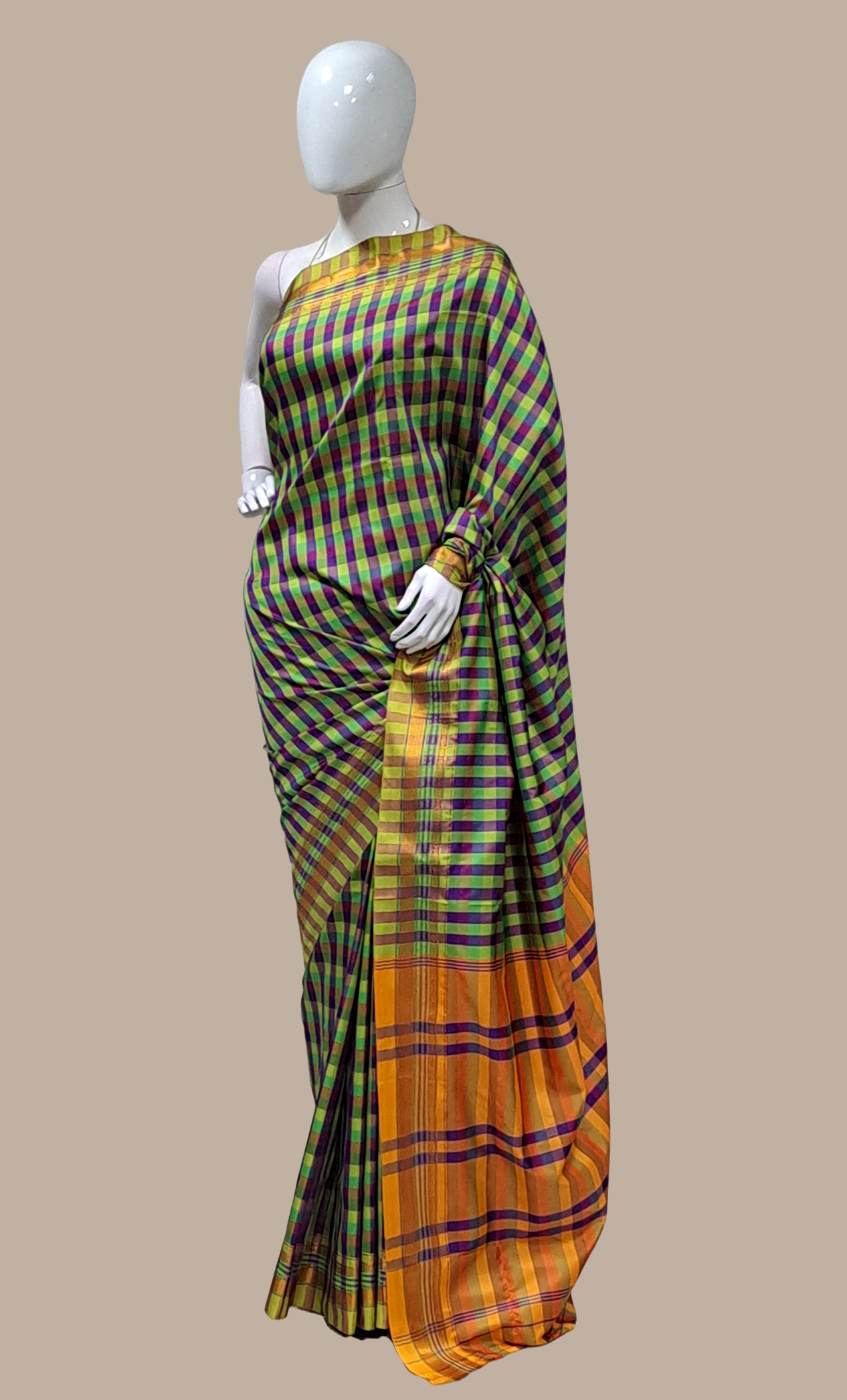 Lime Check Kanjivaram Sari