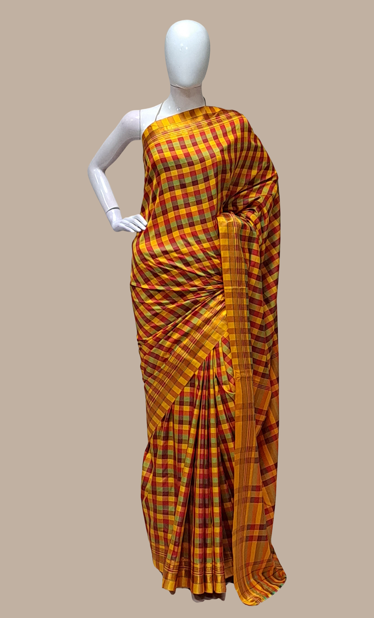 Red Check Kanjivaram Sari