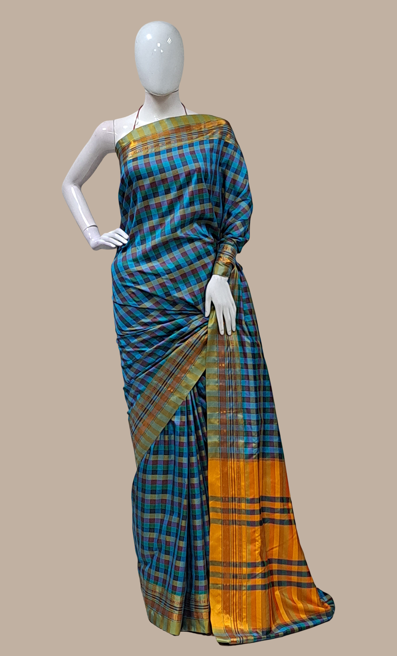 Blue Check Kanjivaram Sari