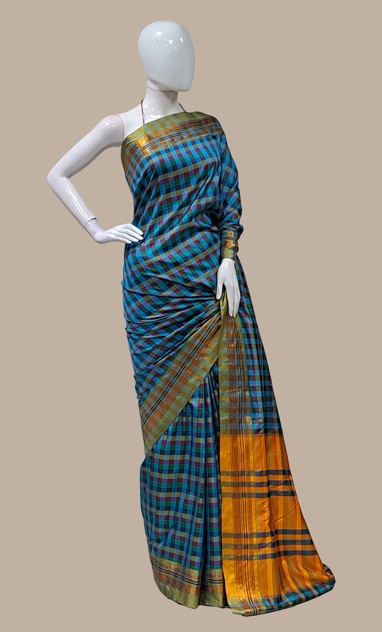 Blue Check Kanjivaram Sari