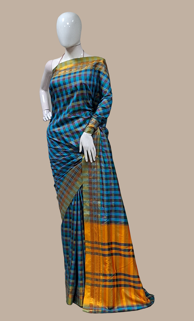 Blue Check Kanjivaram Sari