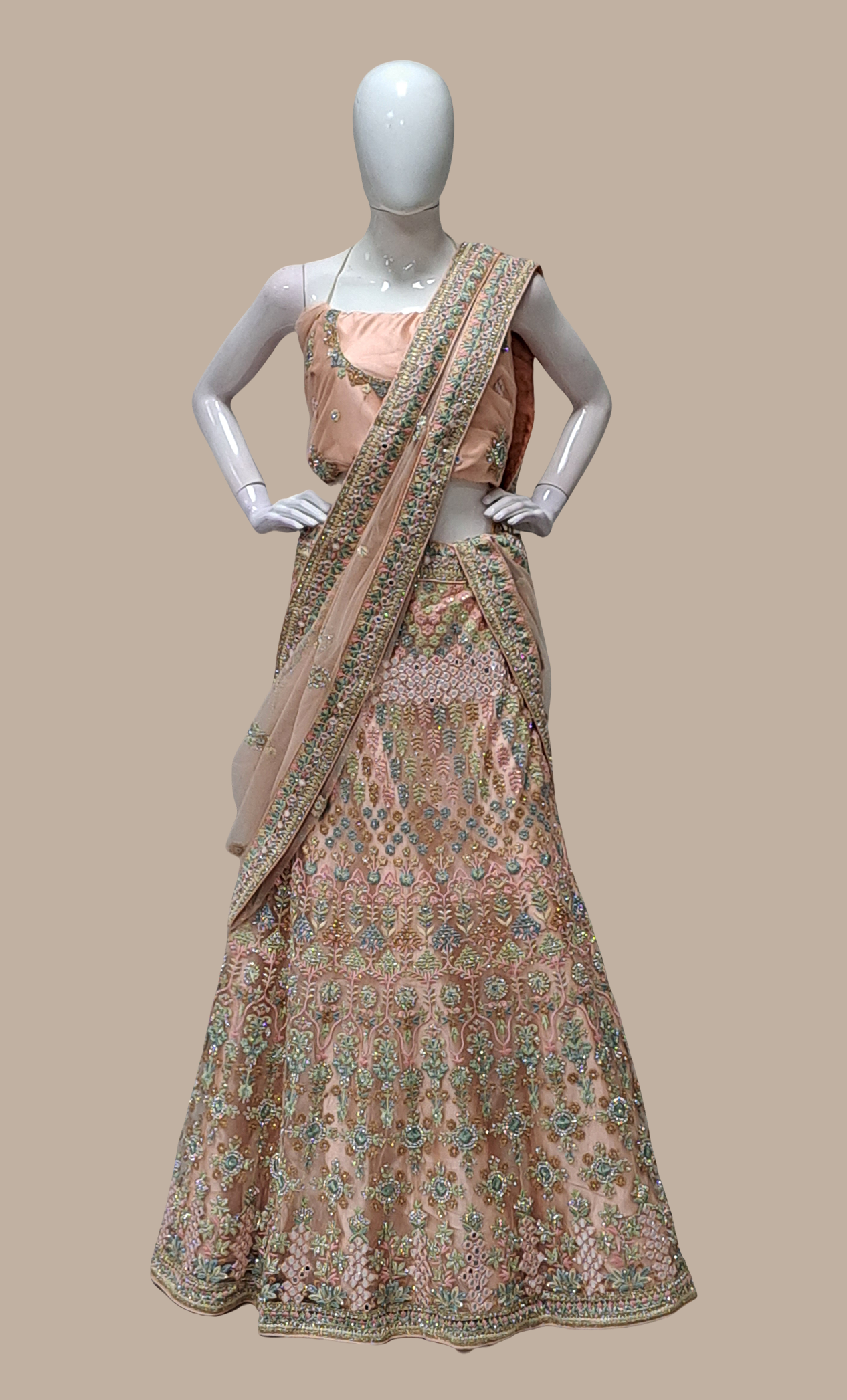 Light Peach Embroidered Lengha