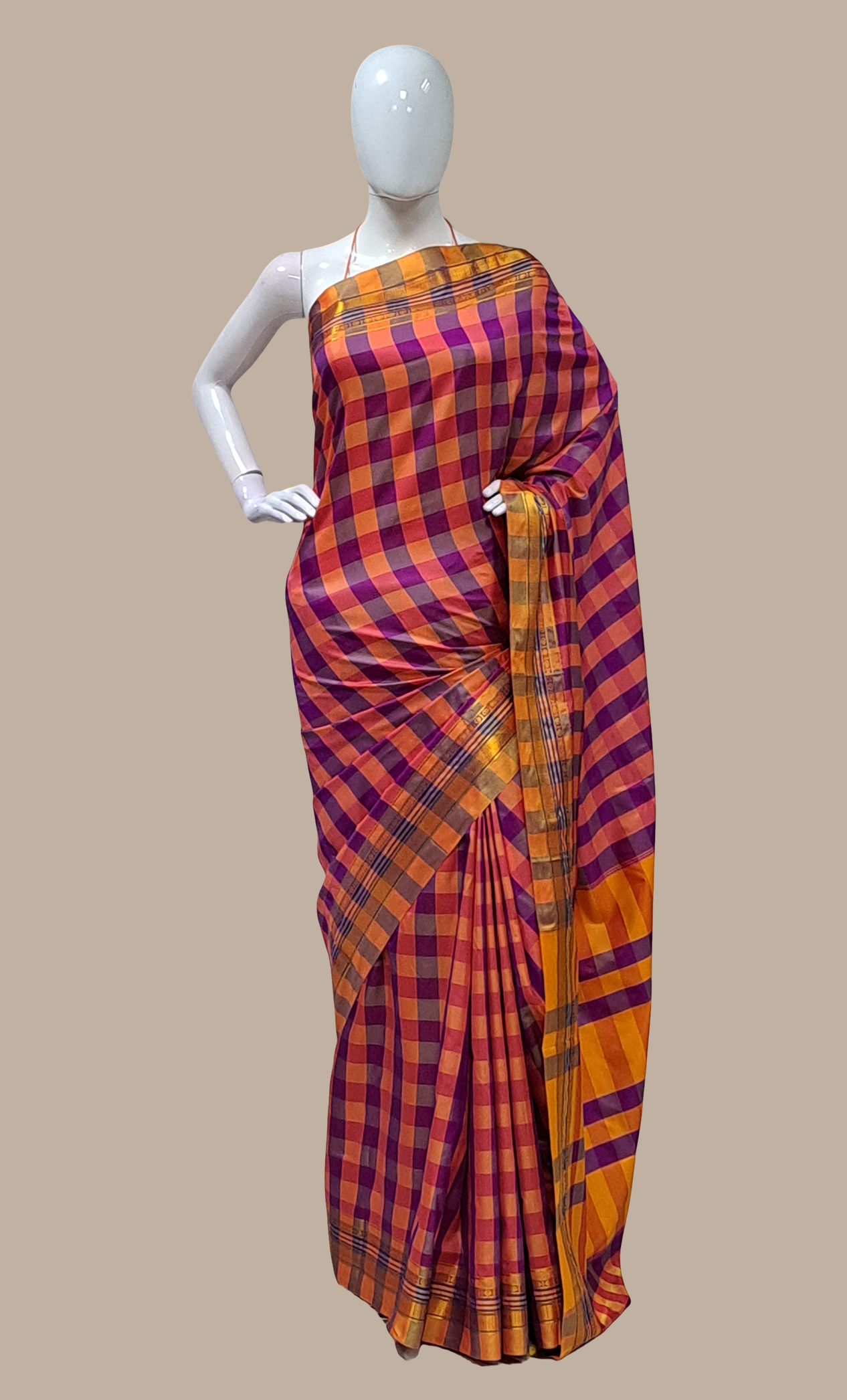 Purple Check Kanjivaram Sari