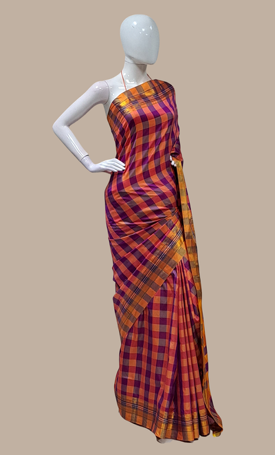 Purple Check Kanjivaram Sari