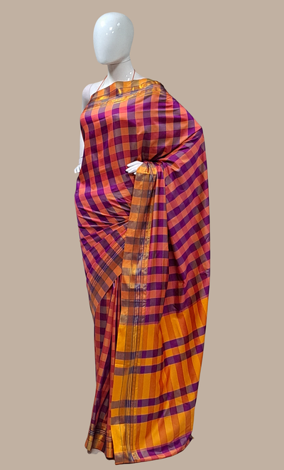 Purple Check Kanjivaram Sari