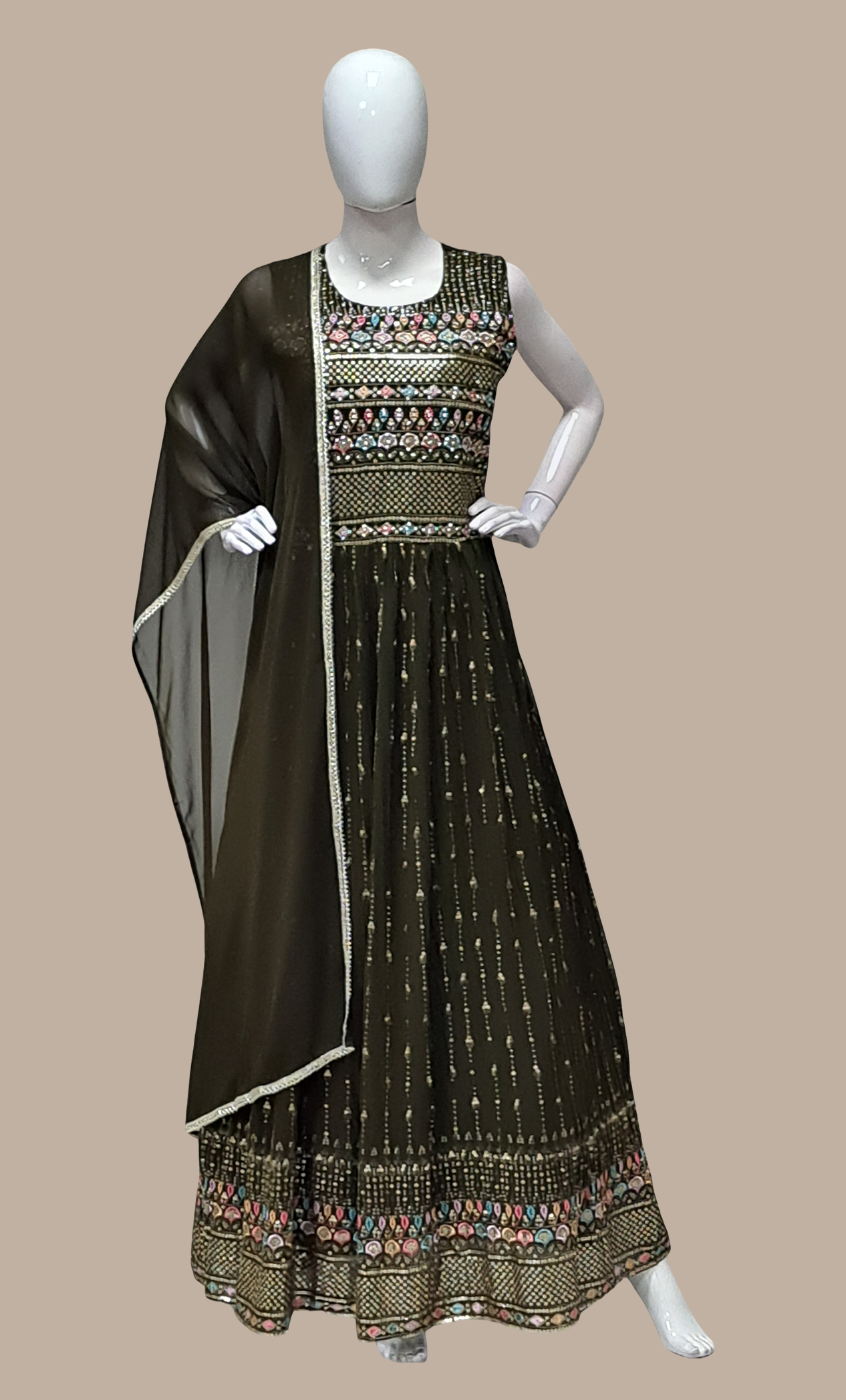 Dark Khaki Embroidered Gown & Dupatta