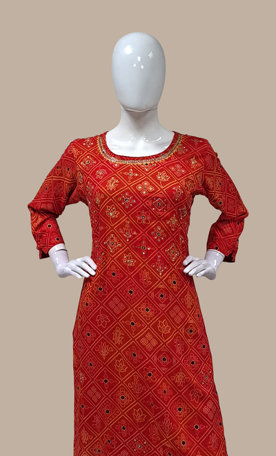 Deep Red Printed Kurti Top & Pants