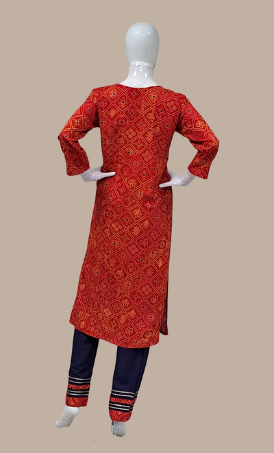 Deep Red Printed Kurti Top & Pants