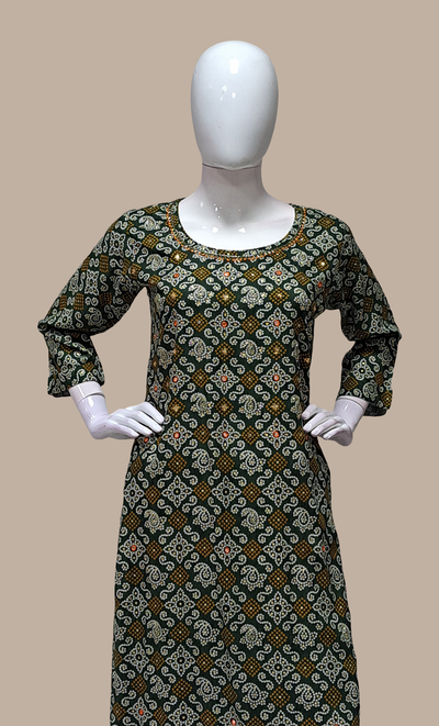 Dark Green Printed Kurti Top & Pants