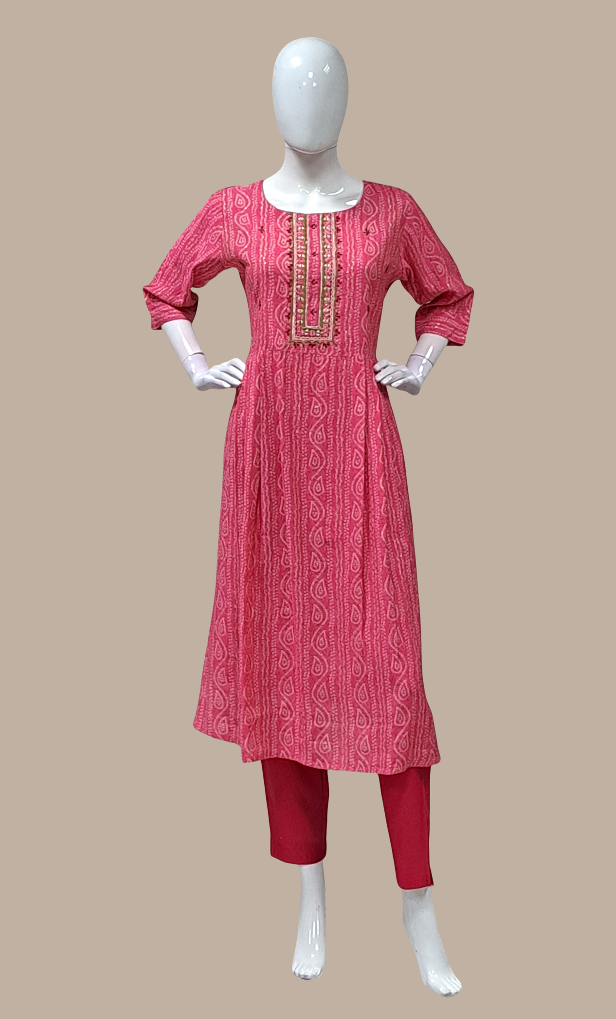 Deep Pink Printed Kurti Top & Pants