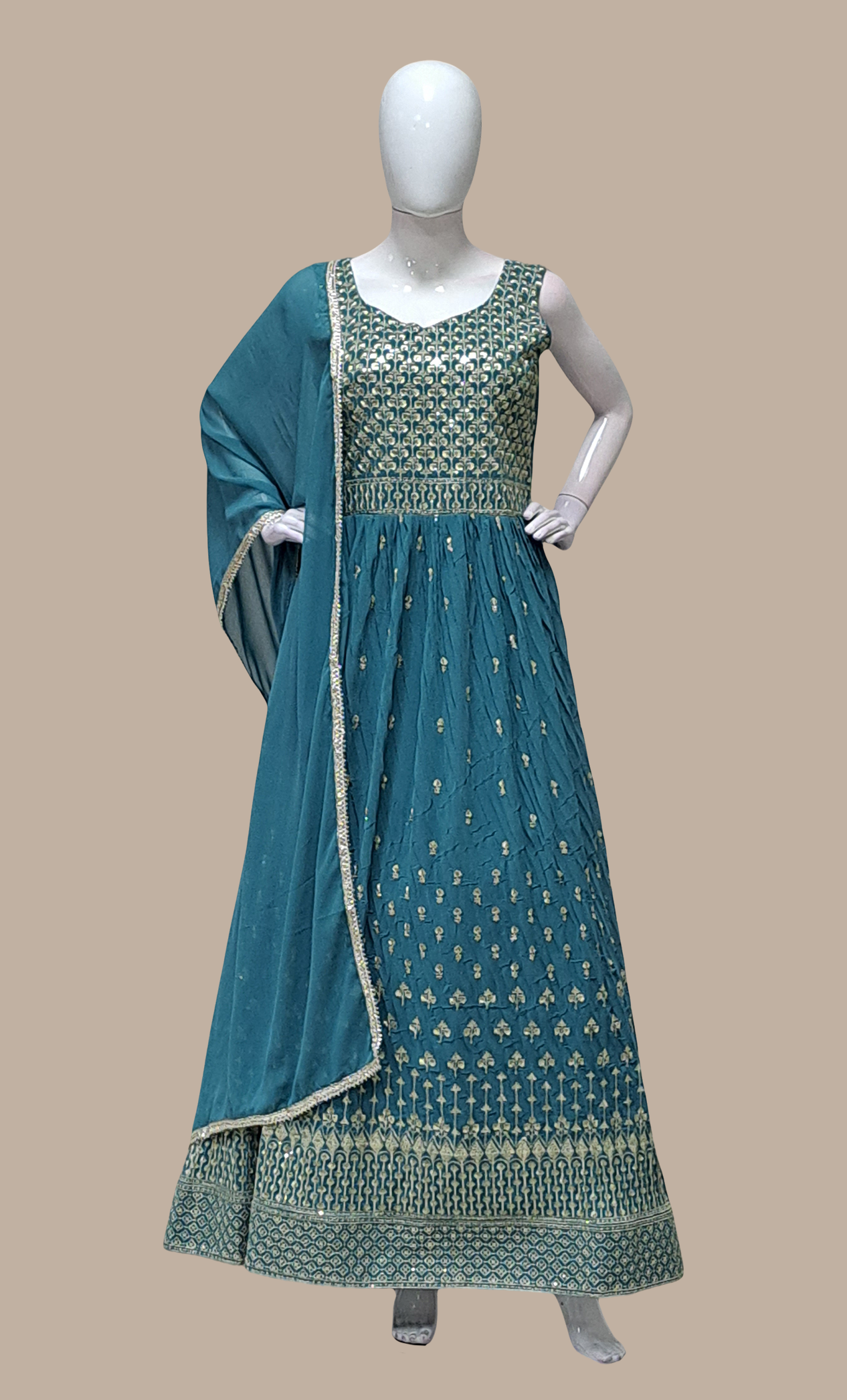 Dark Turquoise Embroidered Gown & Dupatta