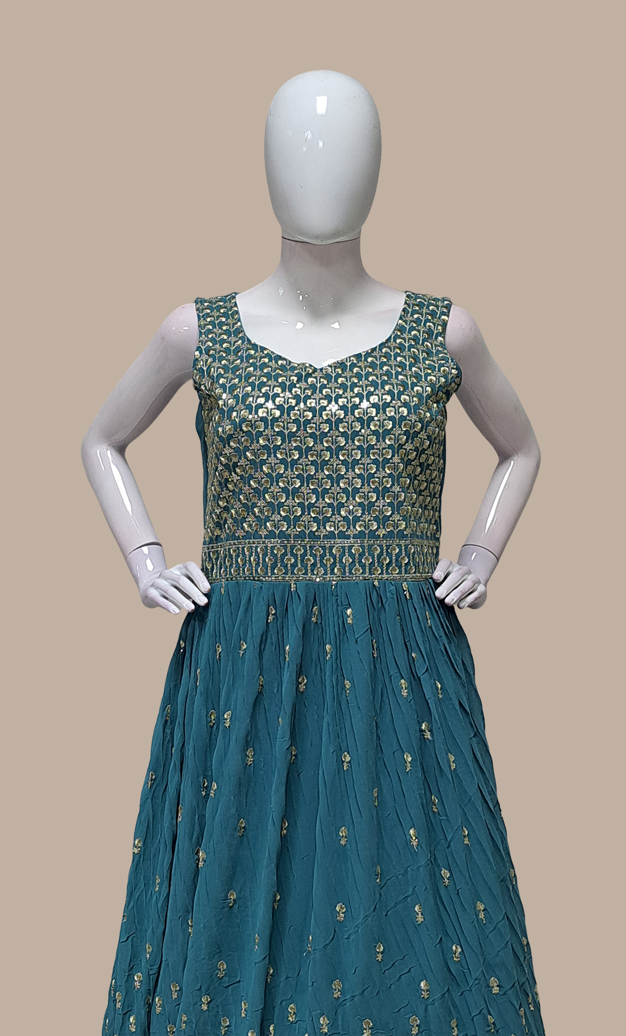 Dark Turquoise Embroidered Gown & Dupatta