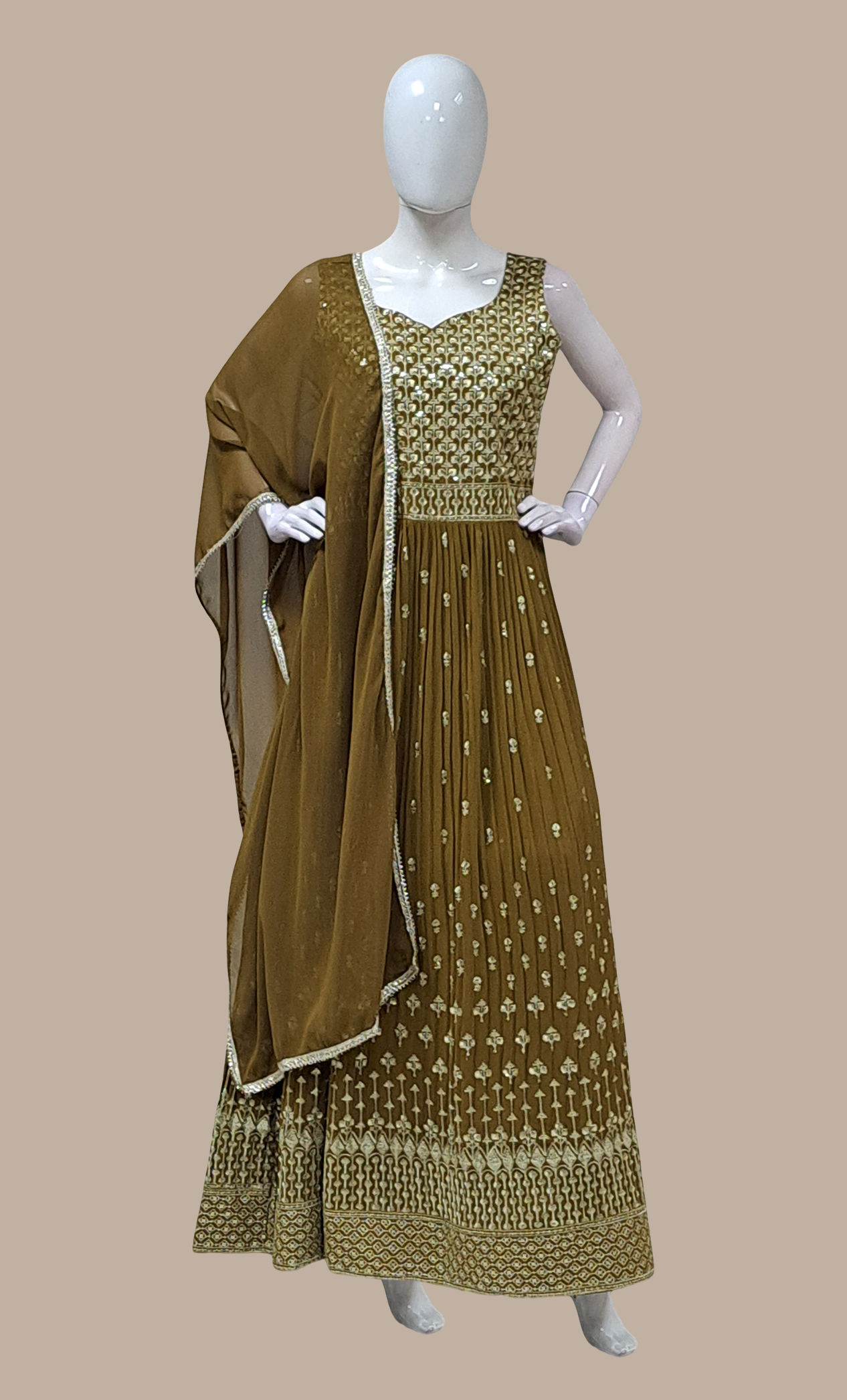 Dark Olive Embroidered Gown & Dupatta