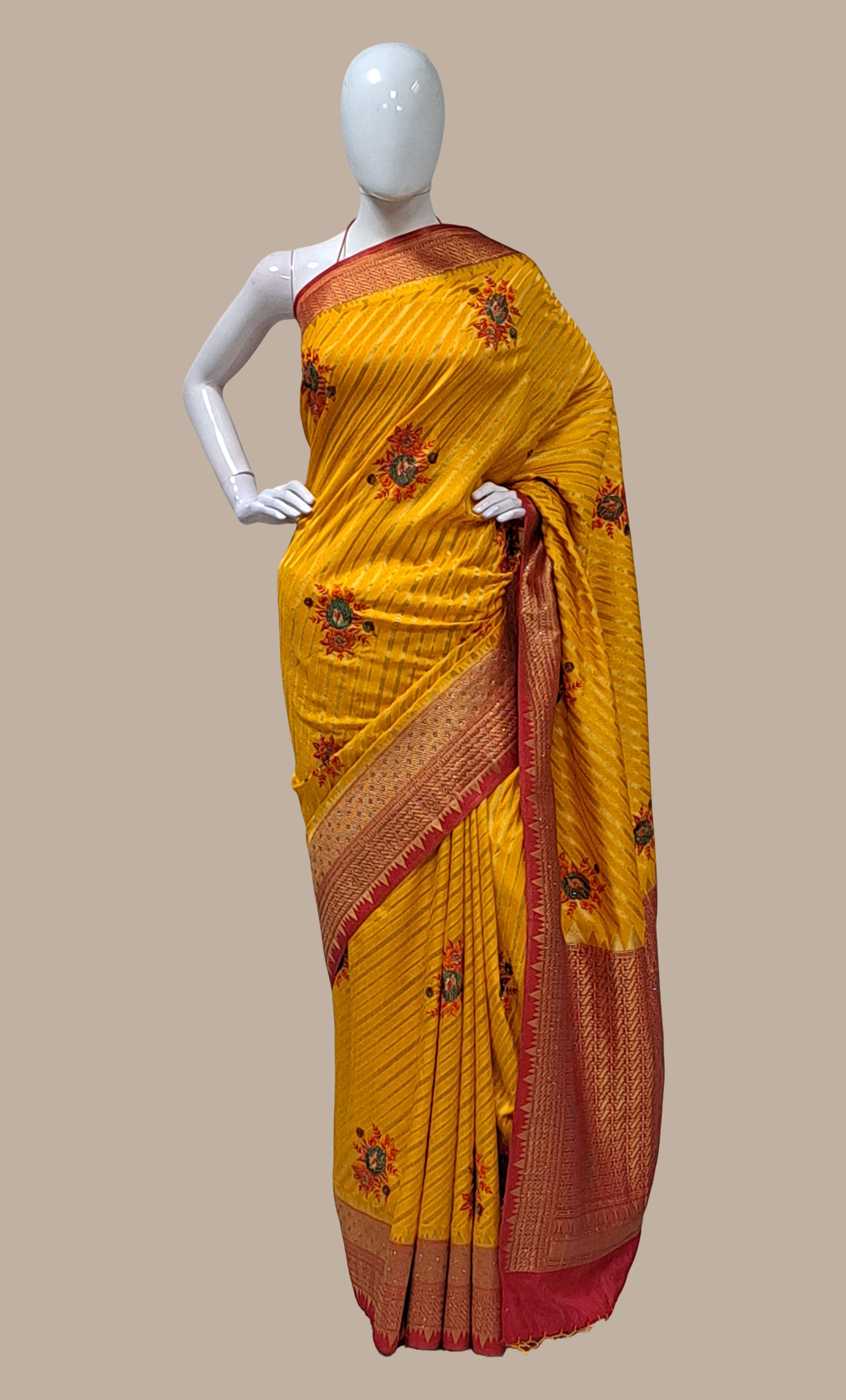 Deep Mustard Embroidered Art Silk Sari