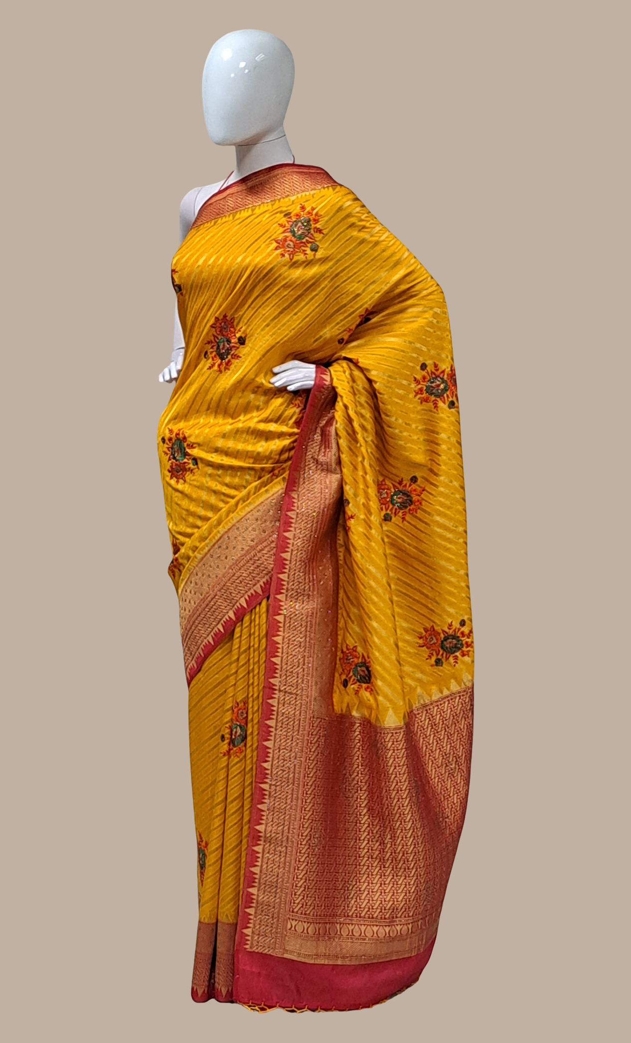 Deep Mustard Embroidered Art Silk Sari