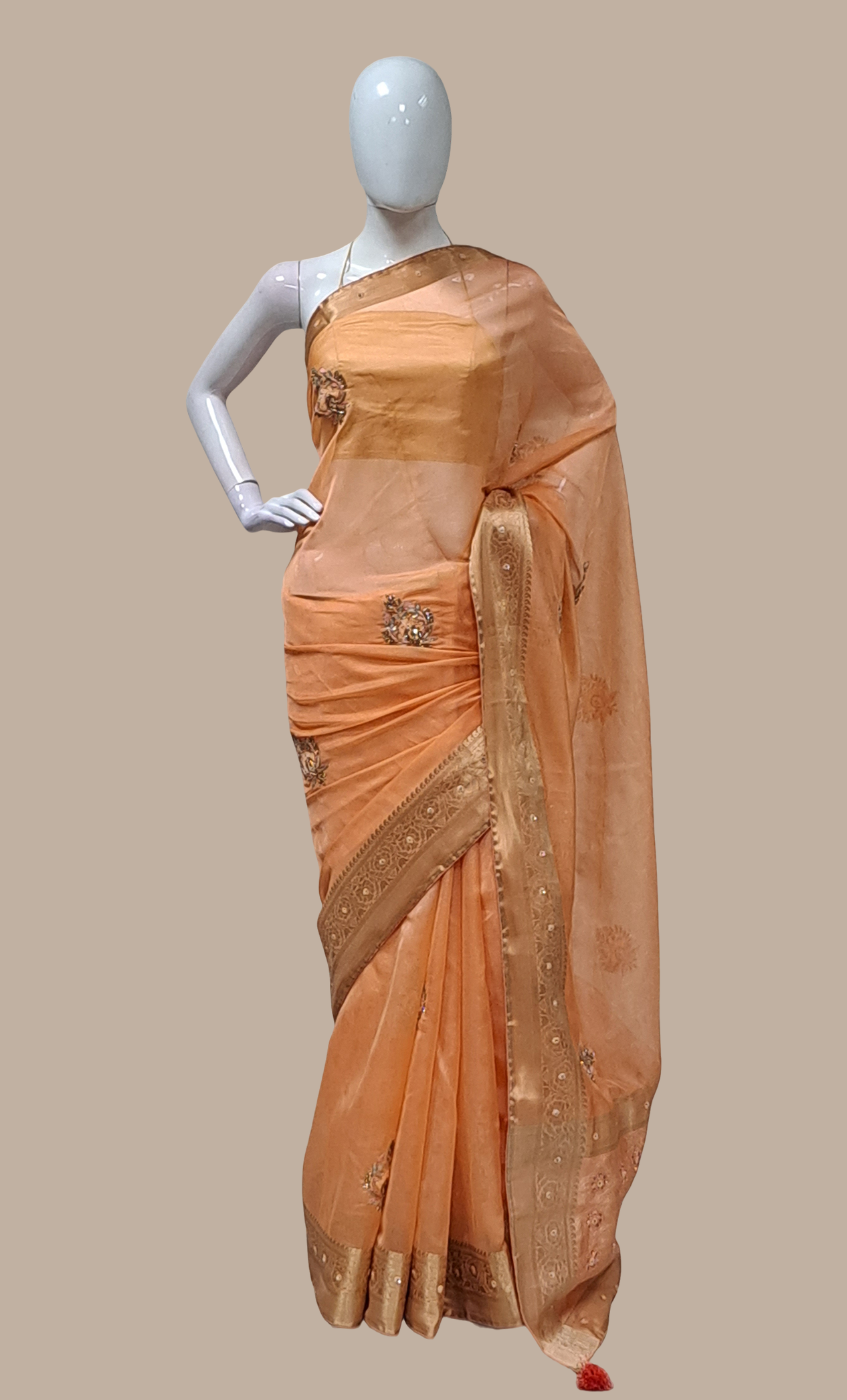 Deep Peach Embroidered Sari