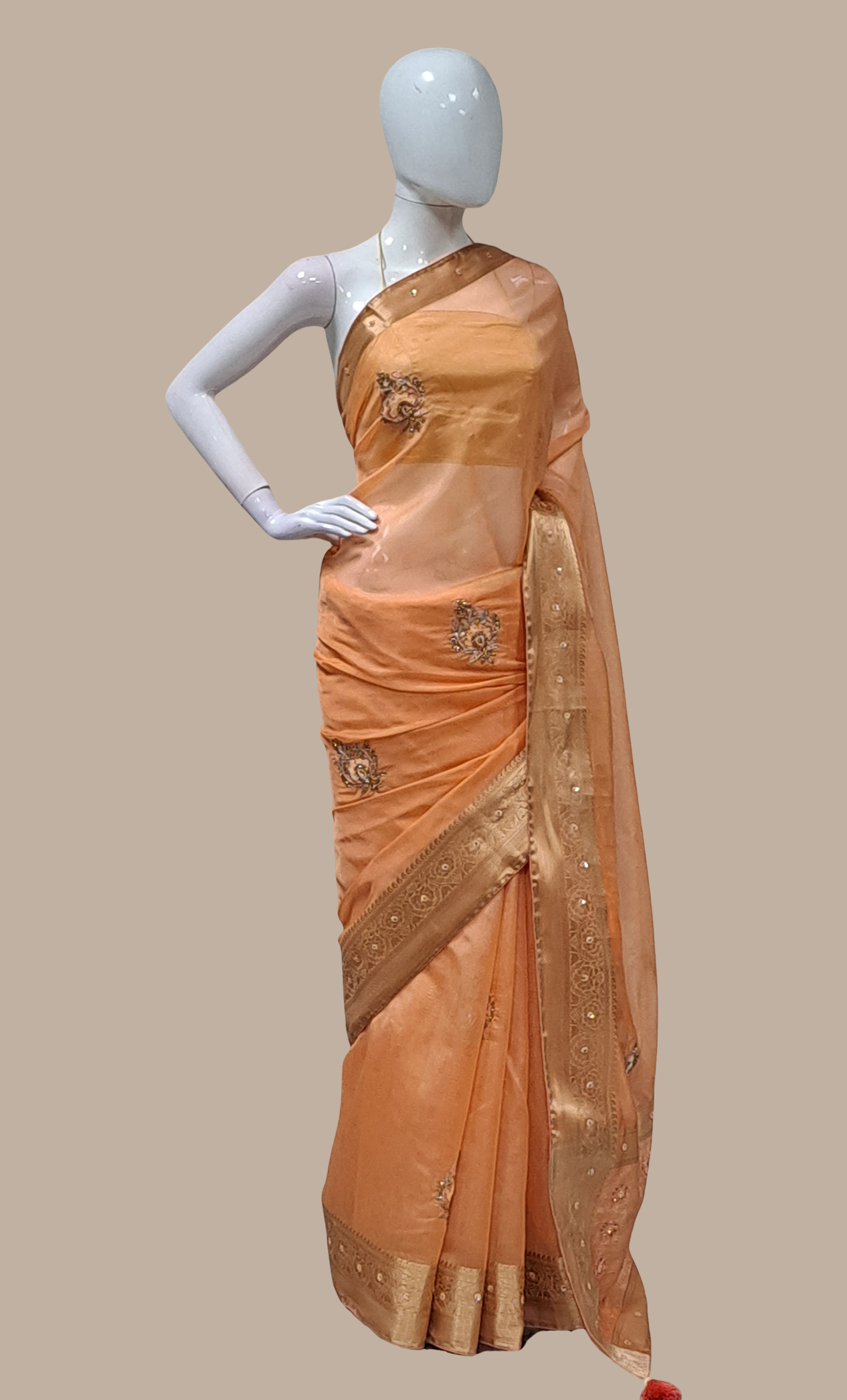 Deep Peach Embroidered Sari