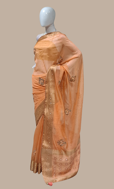 Deep Peach Embroidered Sari