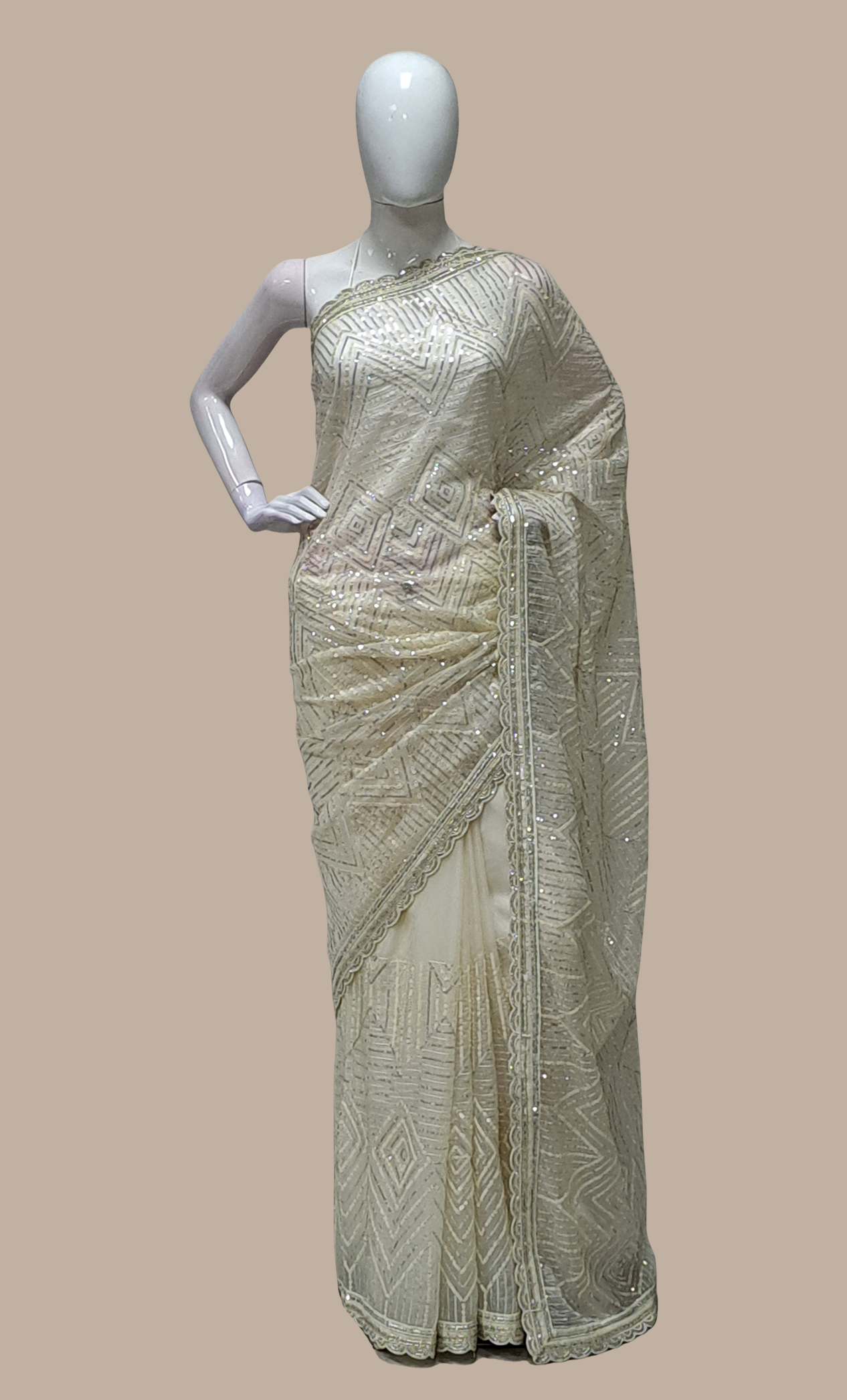 Cream Sequin Embroidered Sari