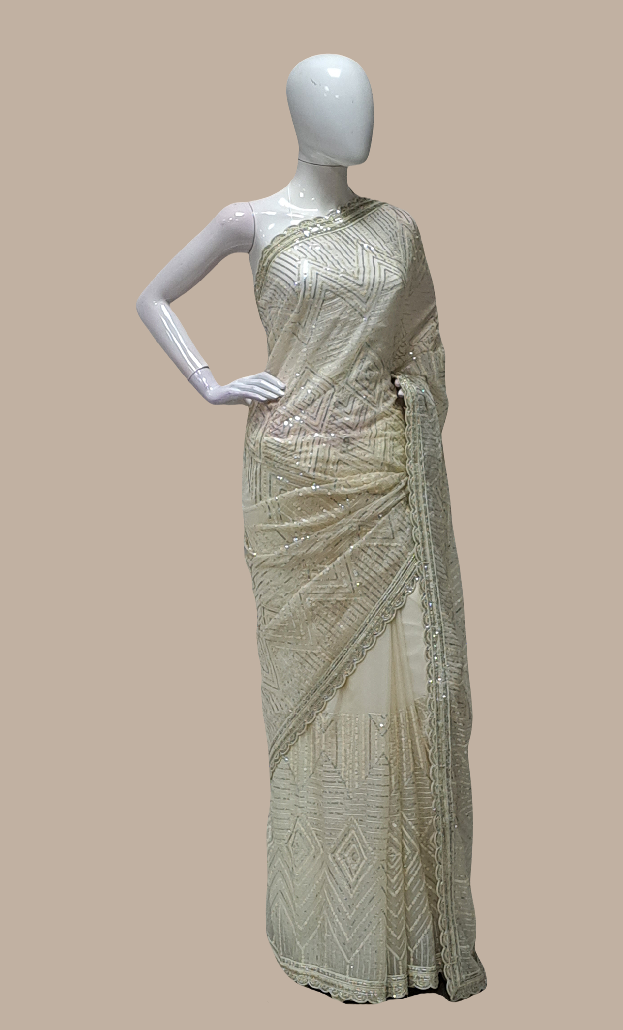 Cream Sequin Embroidered Sari