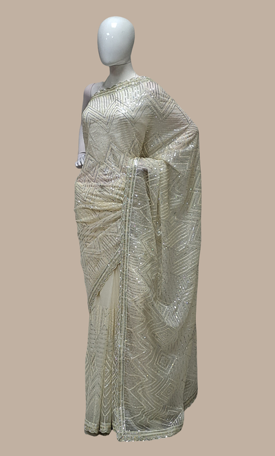 Cream Sequin Embroidered Sari