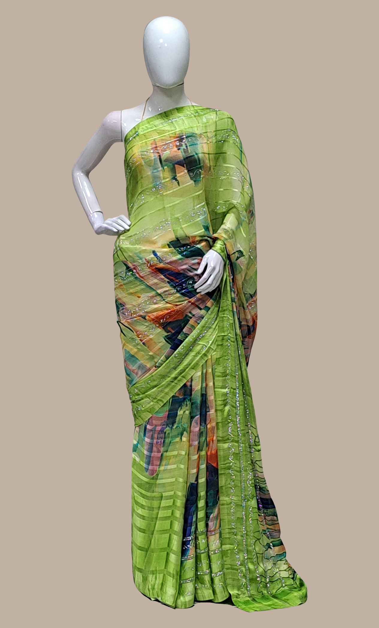 Lime Green Embroidered Sari