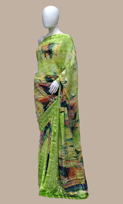 Lime Green Embroidered Sari