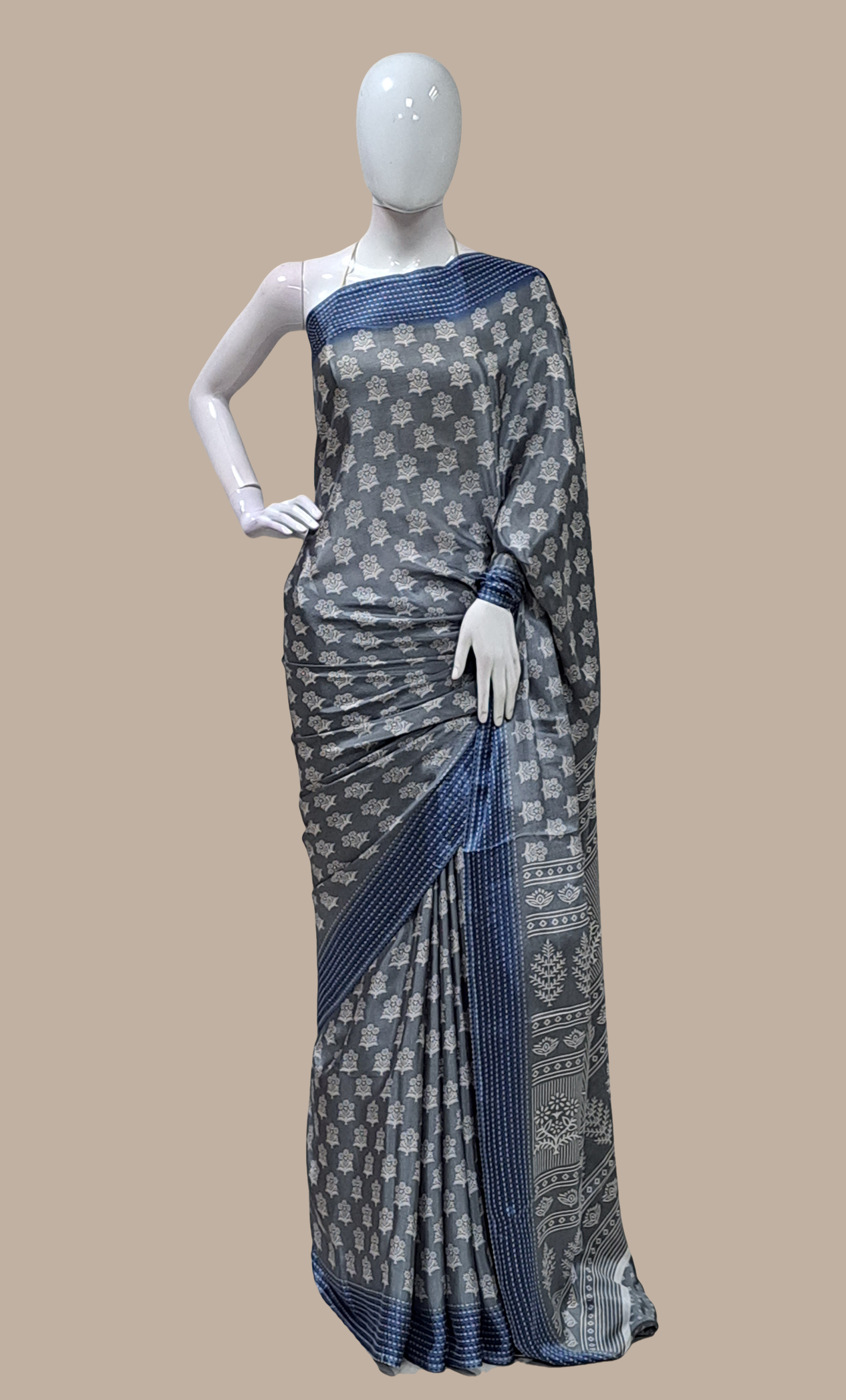 Deep Grey Printed Sari