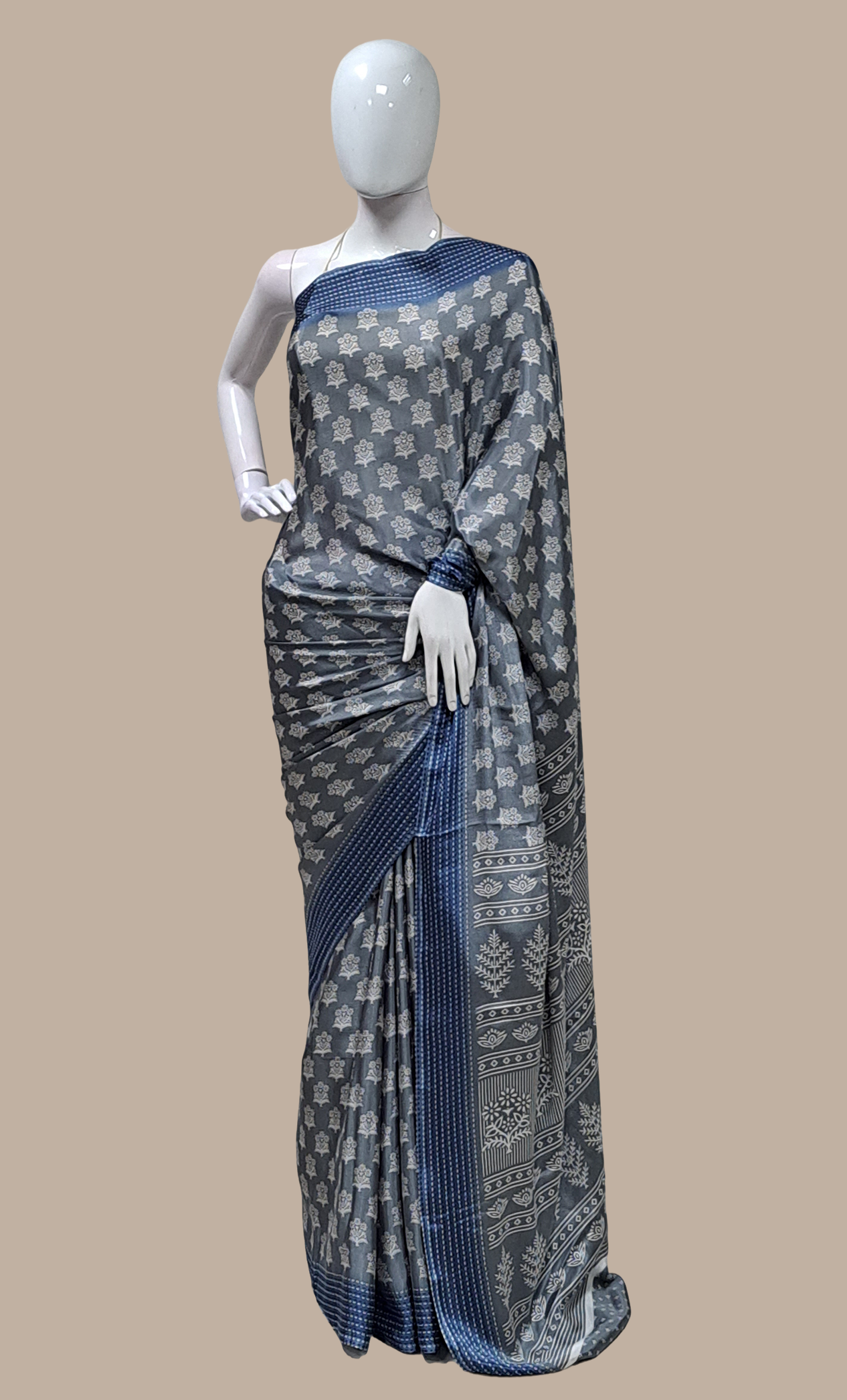 Deep Grey Printed Sari