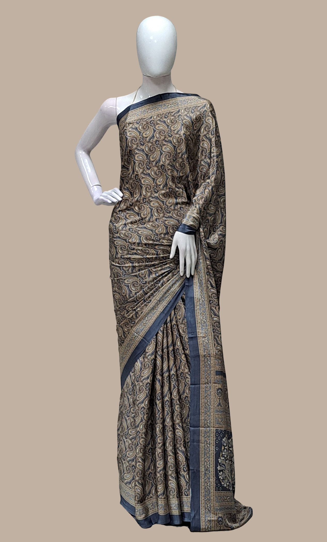 Deep Grey Printed Sari