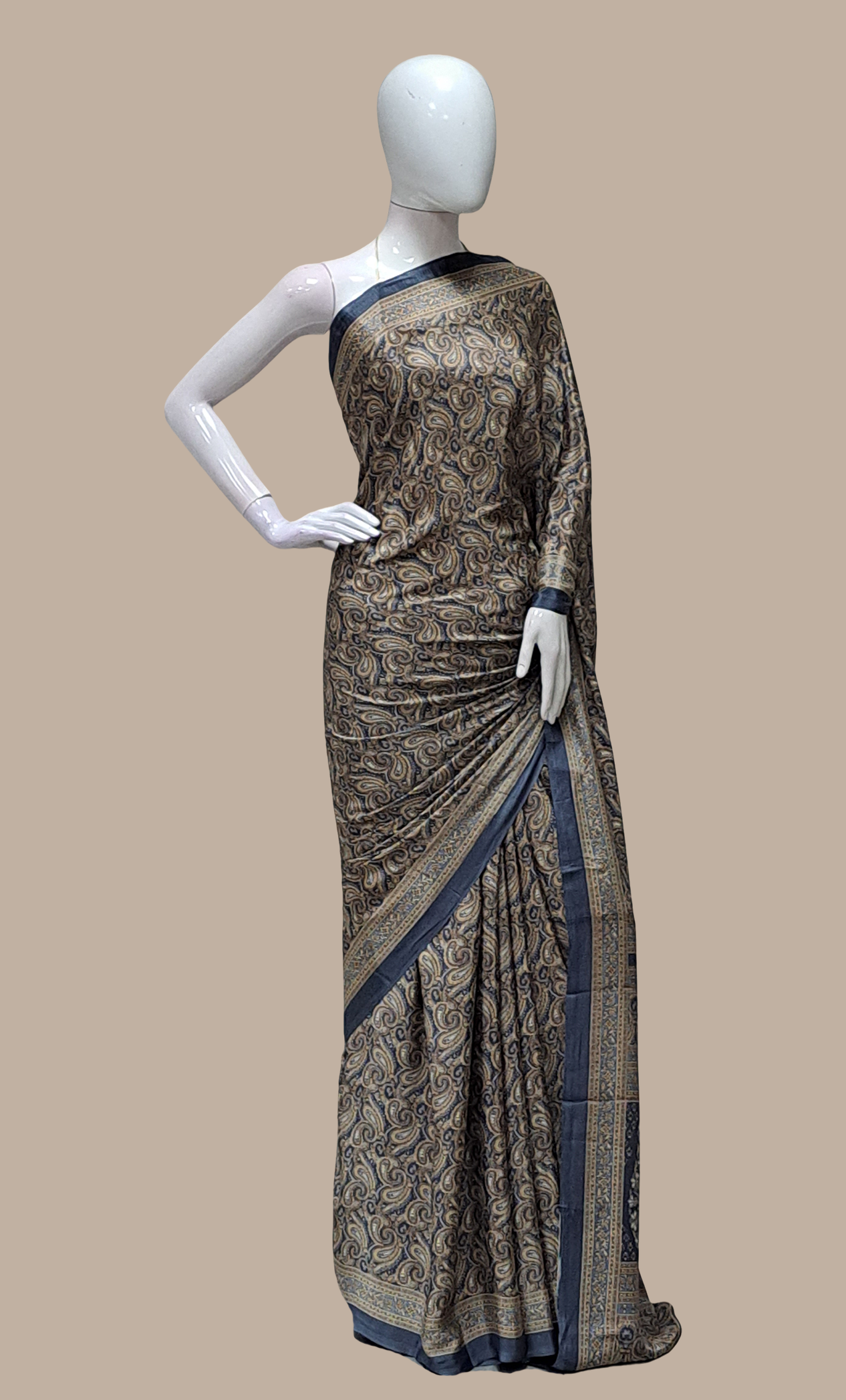 Deep Grey Printed Sari