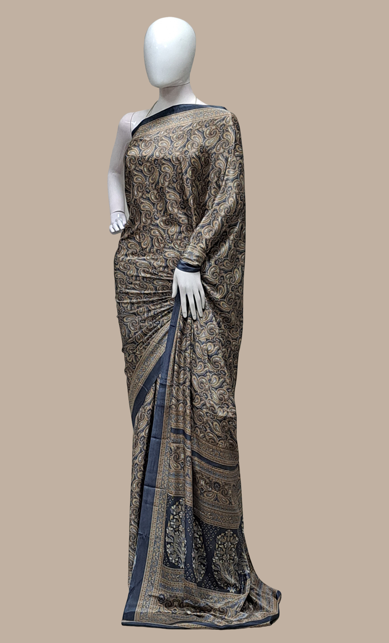 Deep Grey Printed Sari