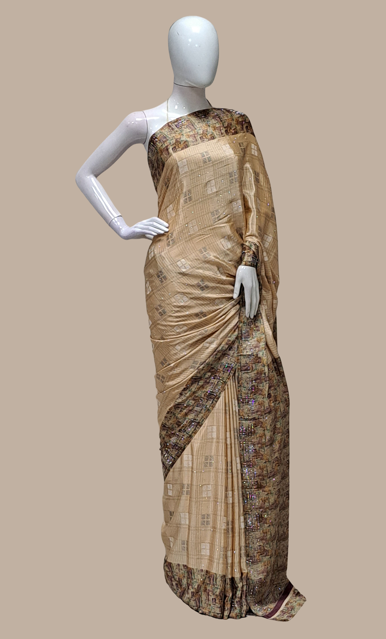 Beige Printed Sari