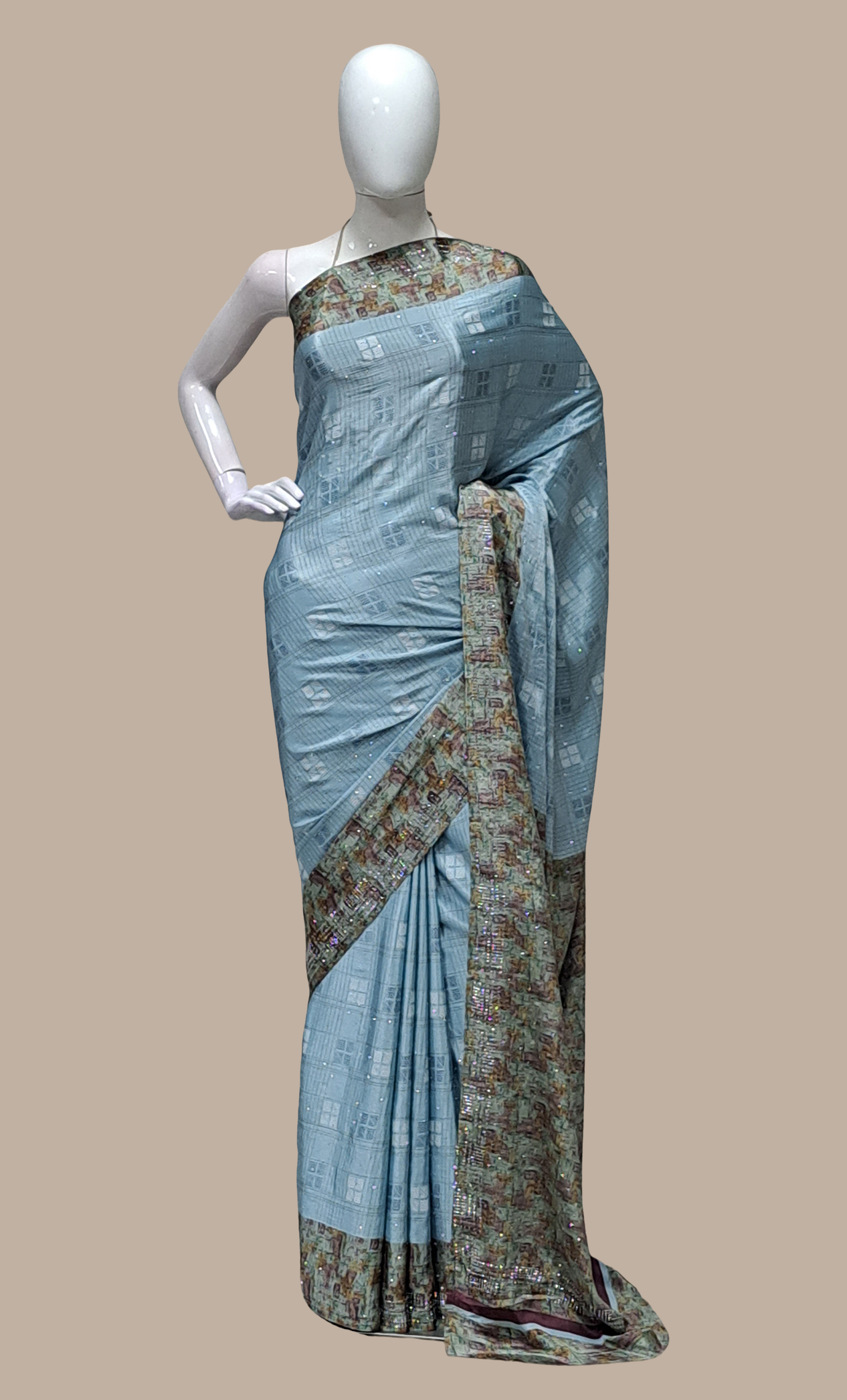 Blue Grey Printed Sari