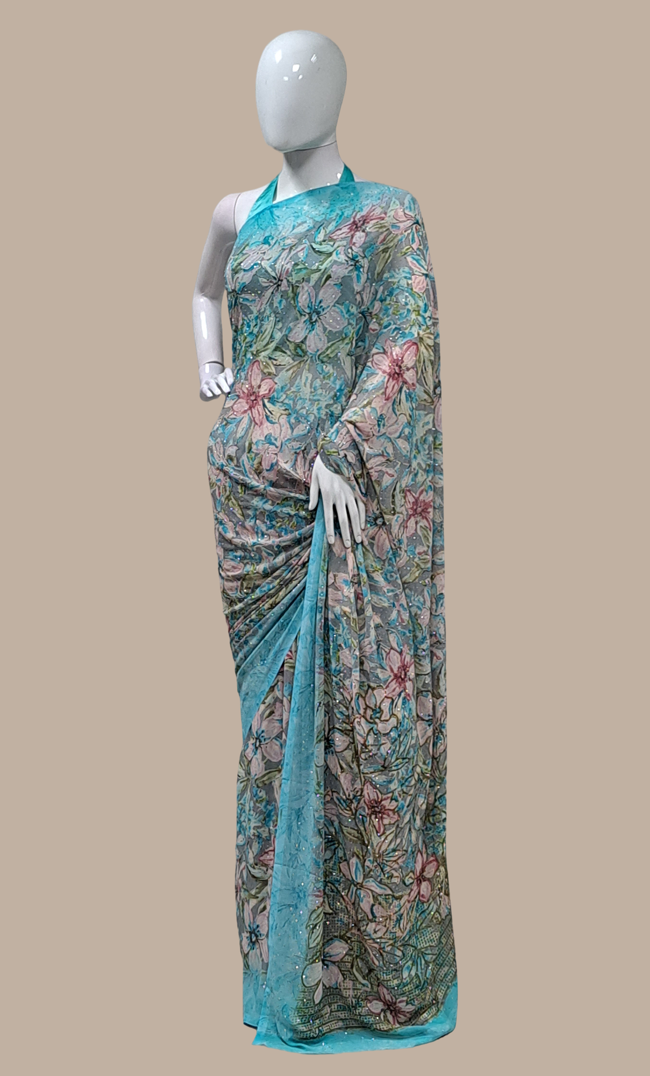 Aqua Blue Printed Sari