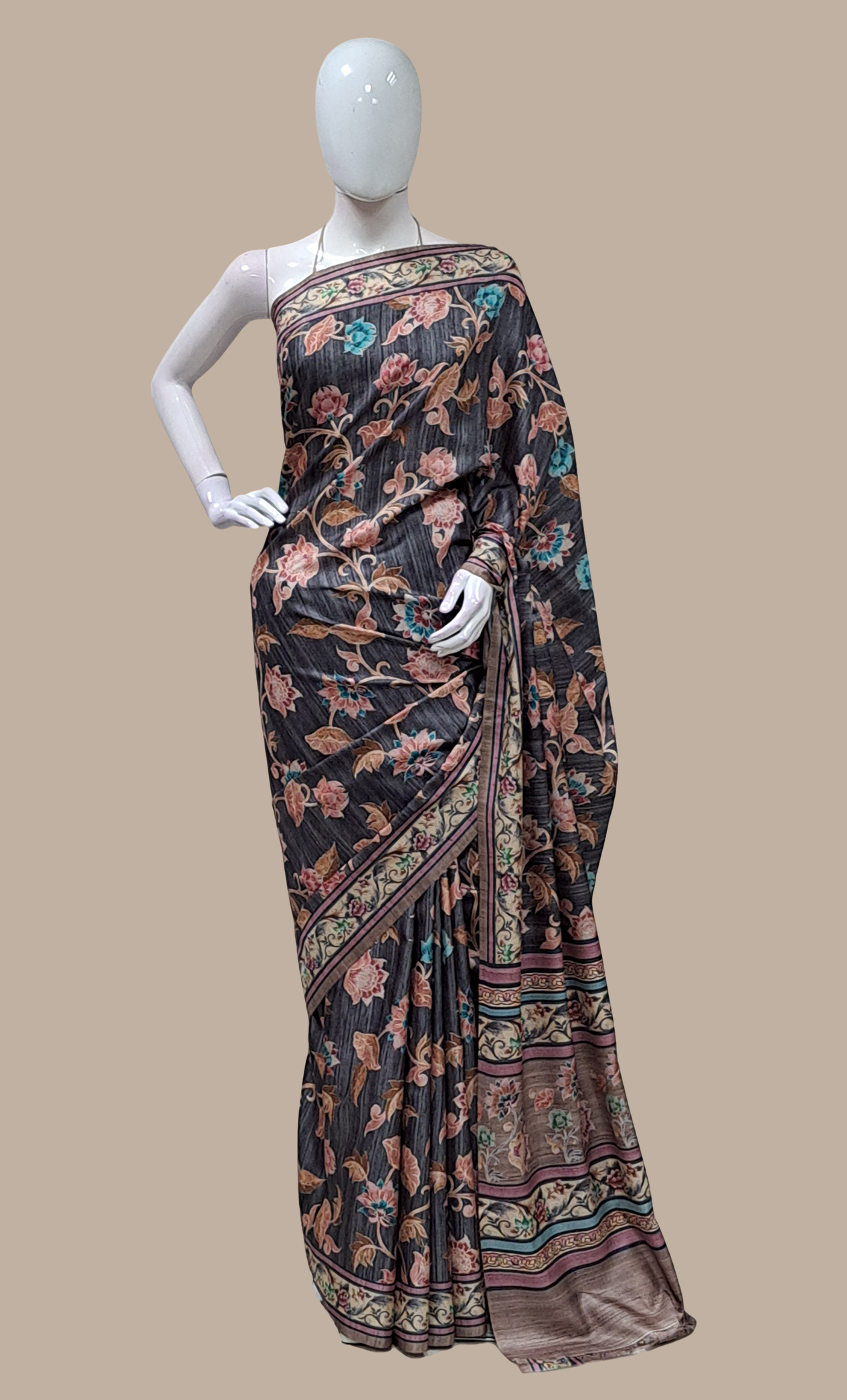 Deep Grey Printed Sari