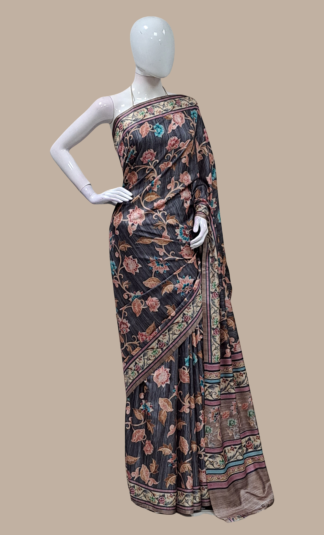 Deep Grey Printed Sari