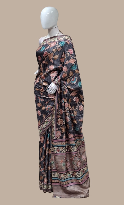 Deep Grey Printed Sari