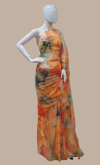 Burnt Orange Shaded Printed Sari