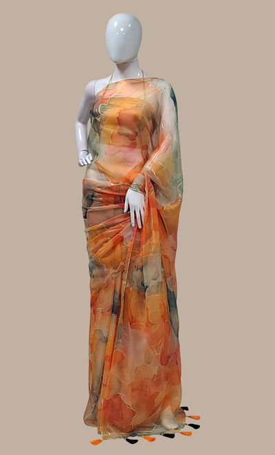 Burnt Orange Shaded Printed Sari