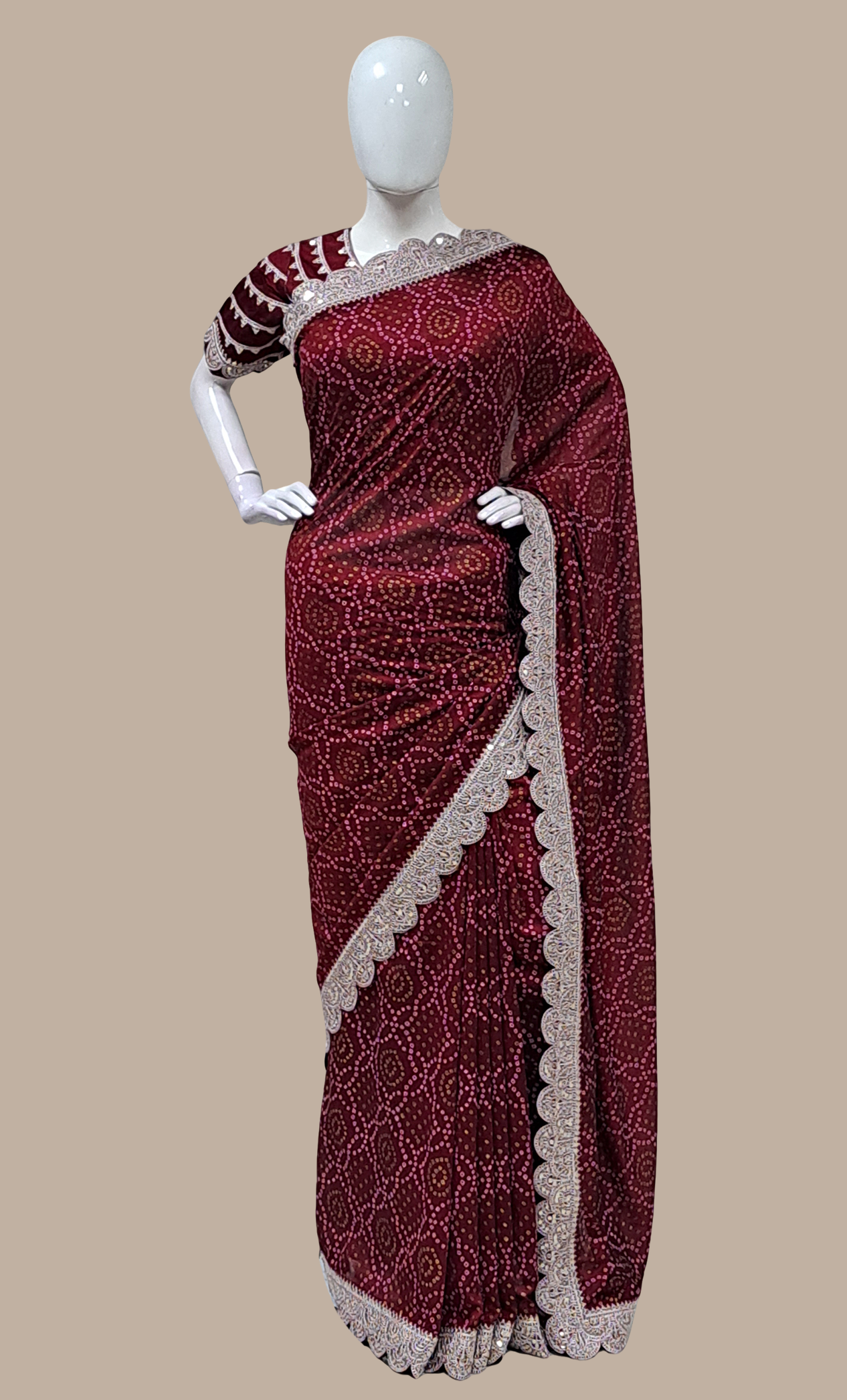 Dark Maroon Bandhani Printed Sari With Ready Blouse