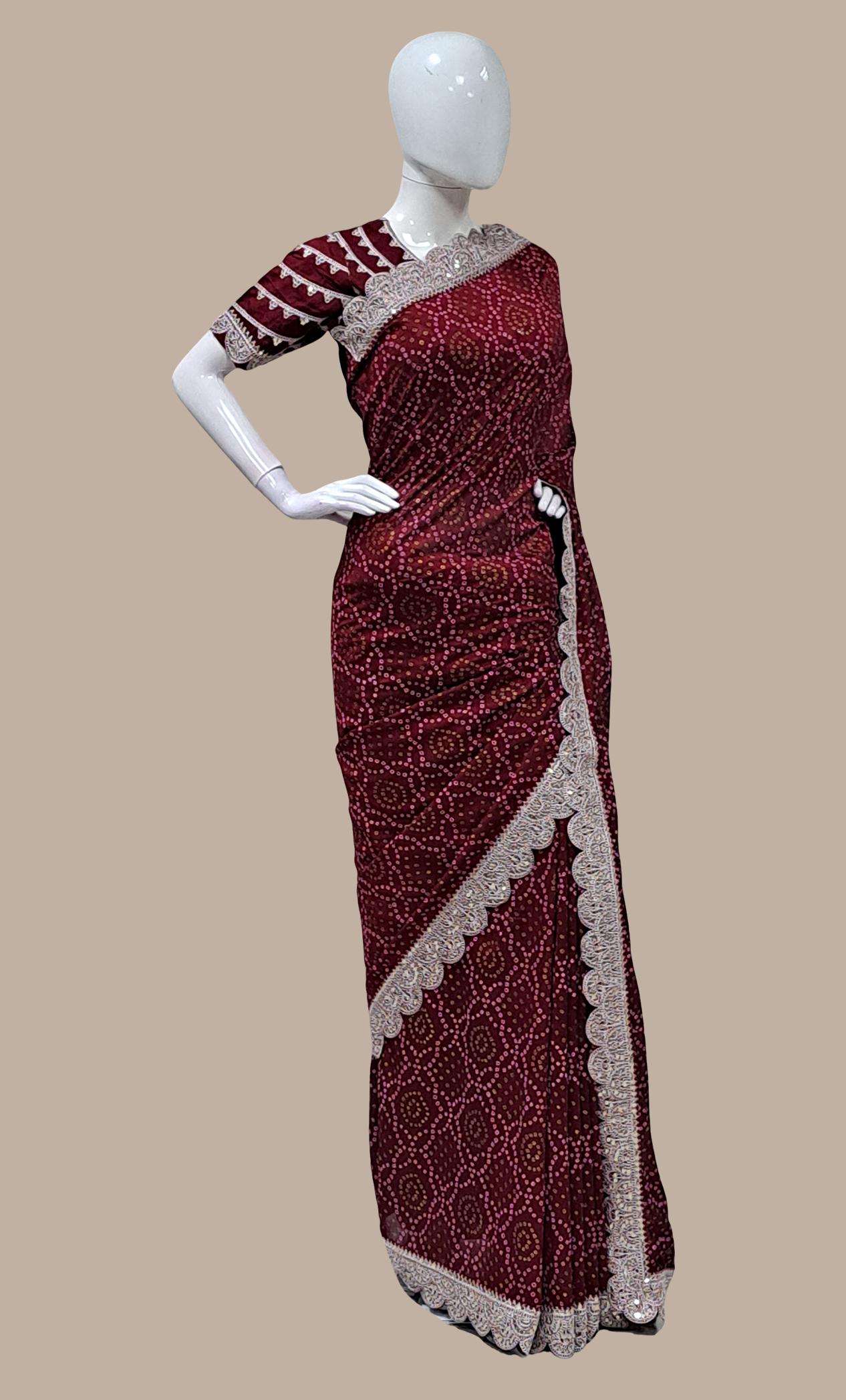 Dark Maroon Bandhani Printed Sari With Ready Blouse