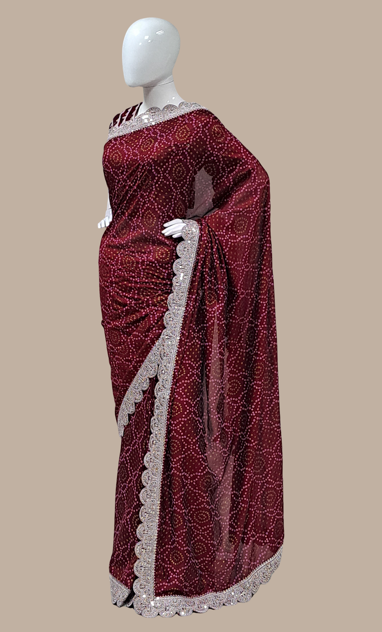 Dark Maroon Bandhani Printed Sari With Ready Blouse