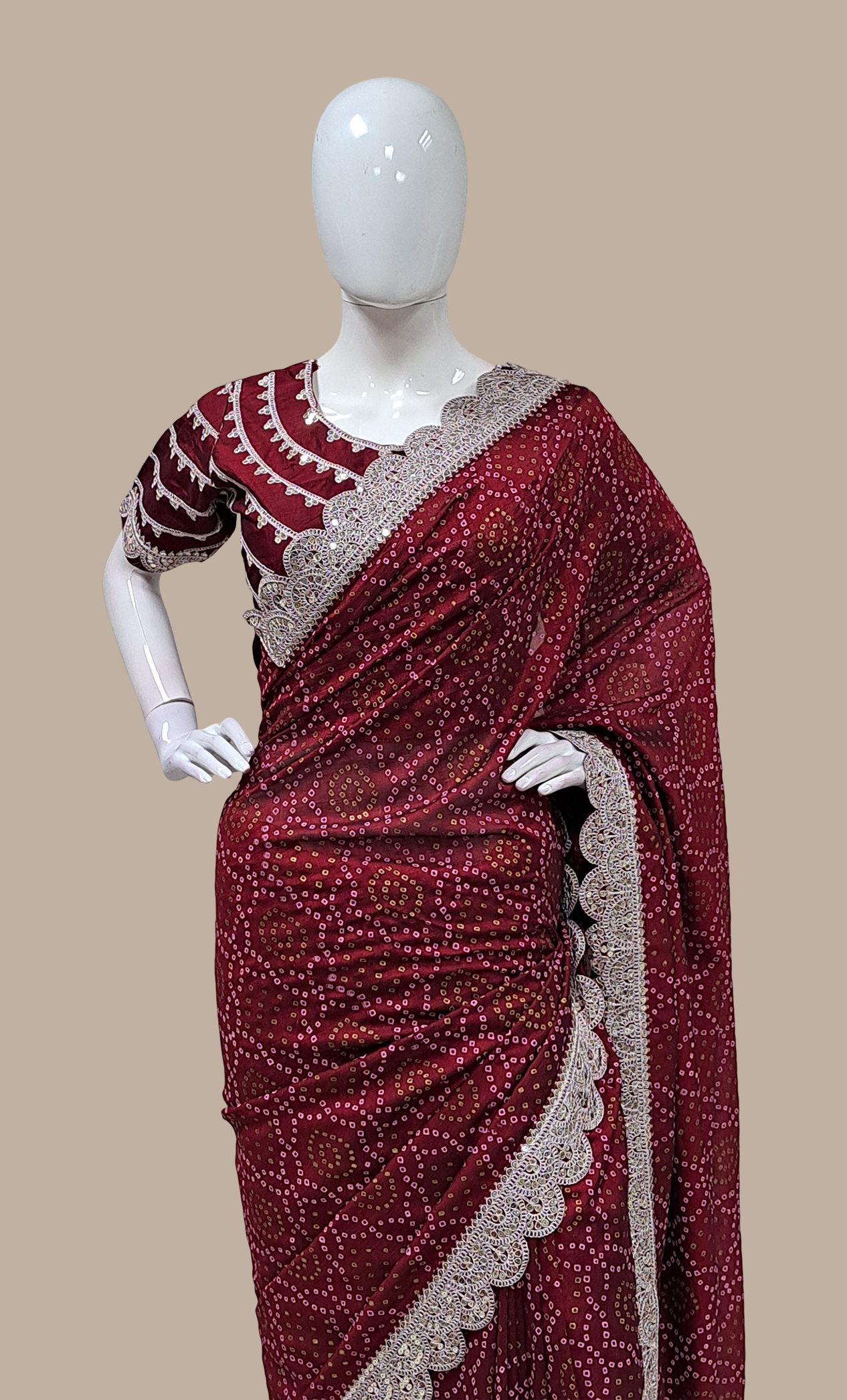 Dark Maroon Bandhani Printed Sari With Ready Blouse