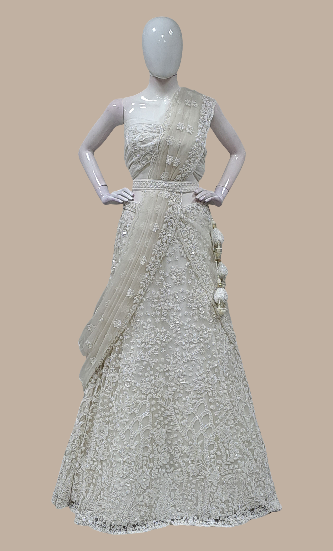 Off White Fully Embroidered Lengha