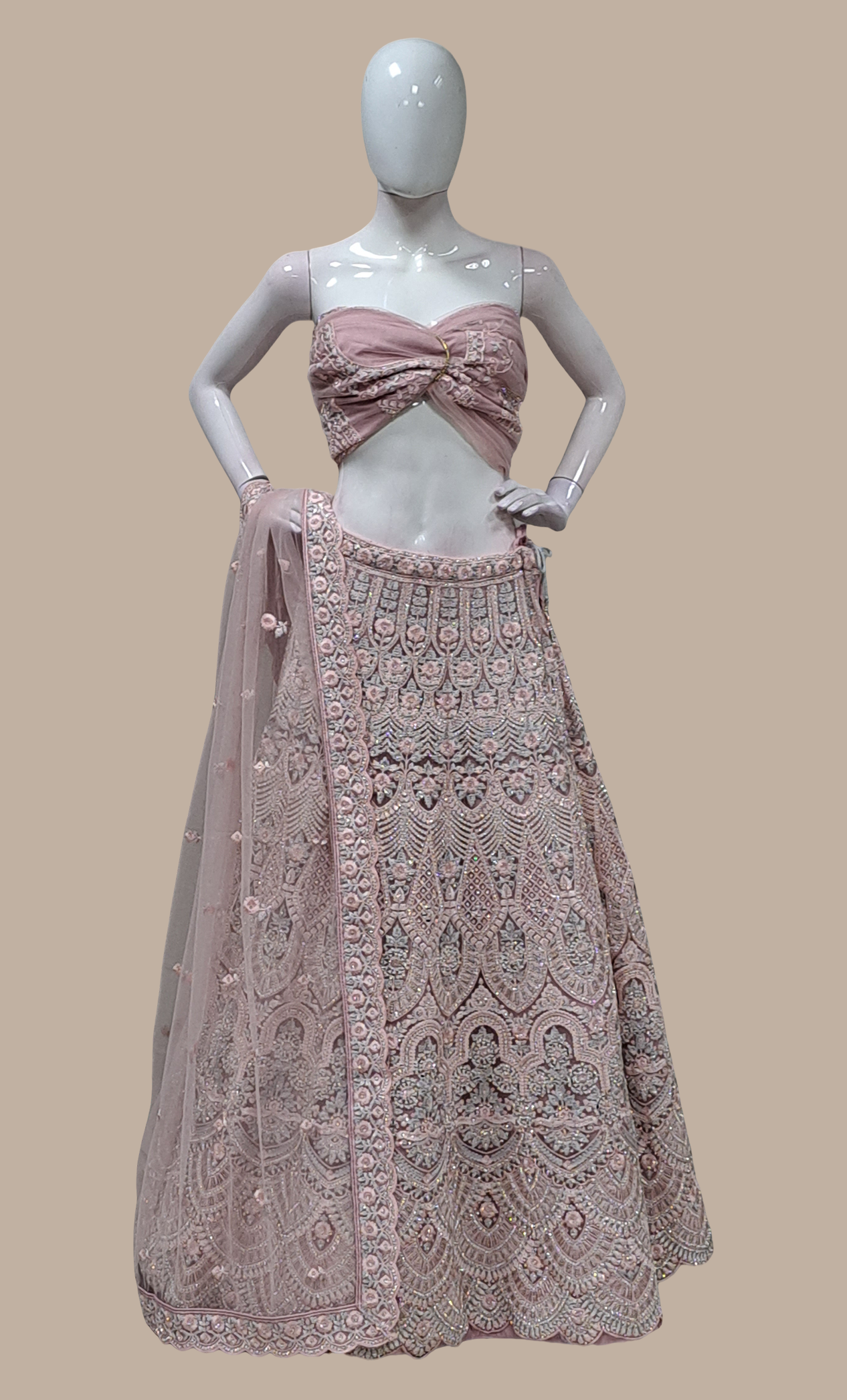 Dusty Mink Fully Embroidered Lengha