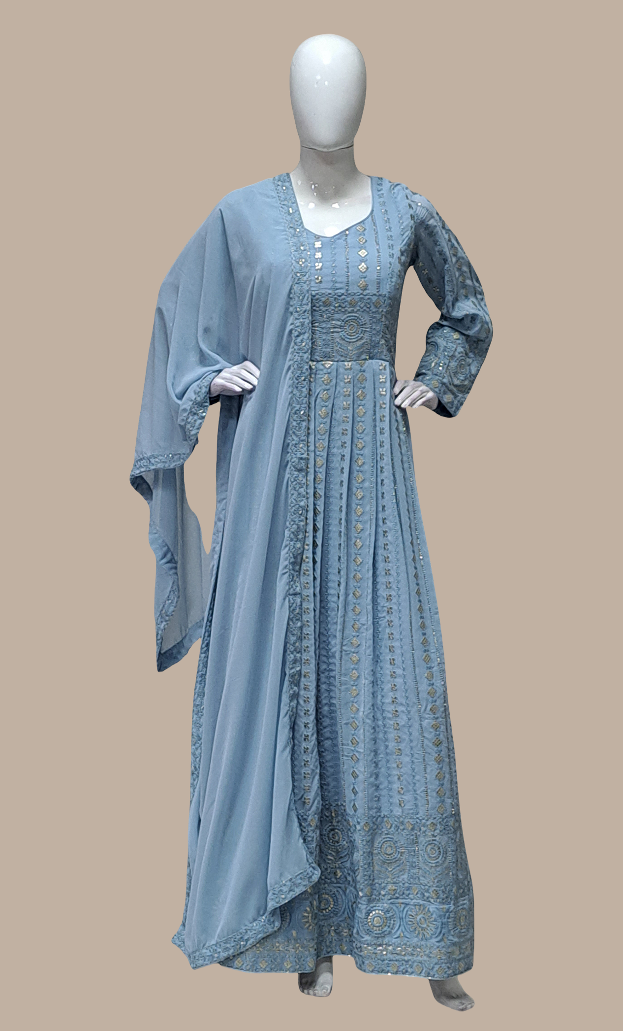 Powder Blue Embroidered Gown & Dupatta