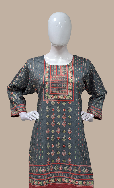 Deep Grey Printed Kurti Top