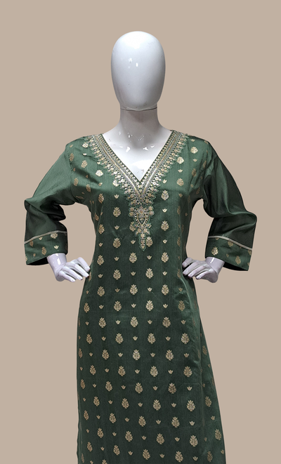 Dark Green Embroidered Kurti Top